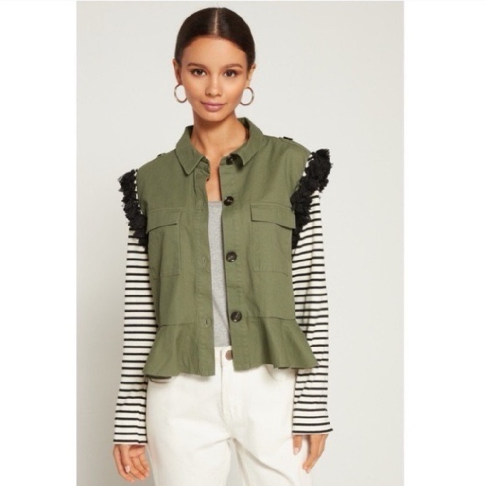 English Factory army green jacket with striped sleeves and black tassels NWOT - Picture 2 of 6